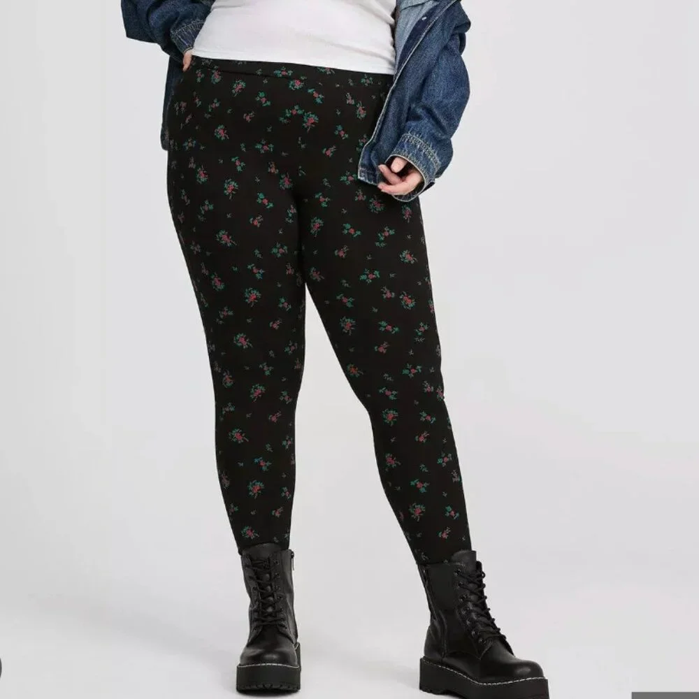 TORRID Full Length Holly Leaf Leggings Size 1X Signature Waist Pocket Black NEW
